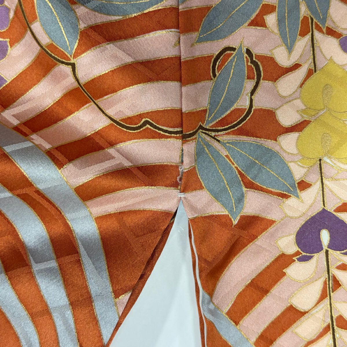 【美品】振袖禮服 身長168cm 袖長66cm M 雙層 仙鶴 菊花 金絲 金銀彩 橙色 純蠶絲 秀品級