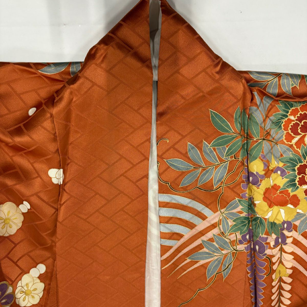 【美品】振袖禮服 身長168cm 袖長66cm M 雙層 仙鶴 菊花 金絲 金銀彩 橙色 純蠶絲 秀品級