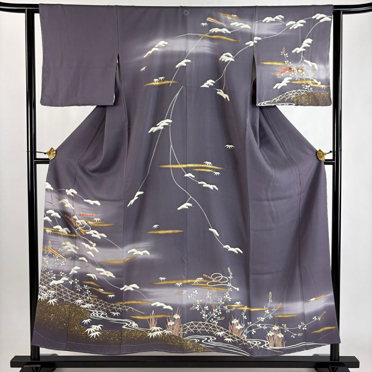 訪問服 身長153.5cm 袖長62cm S 雙層 松樹 笛 金絲 金銀彩 灰紫 純蠶絲 秀品級 一つ紋