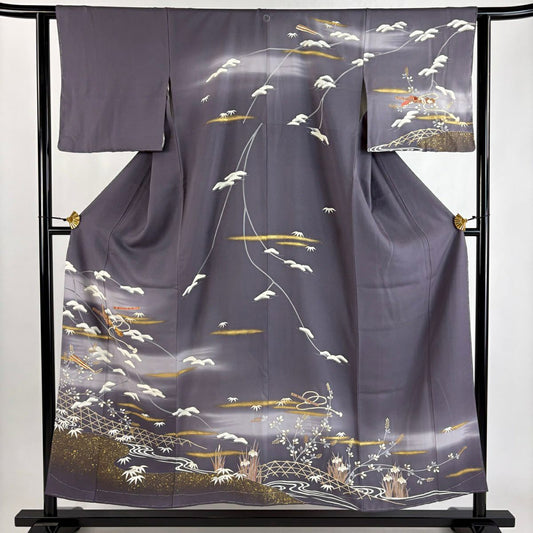訪問服 身長153.5cm 袖長62cm S 雙層 松樹 笛 金絲 金銀彩 灰紫 純蠶絲 秀品級 一つ紋
