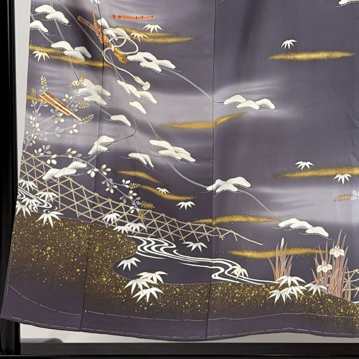 訪問服 身長153.5cm 袖長62cm S 雙層 松樹 笛 金絲 金銀彩 灰紫 純蠶絲 秀品級 一つ紋