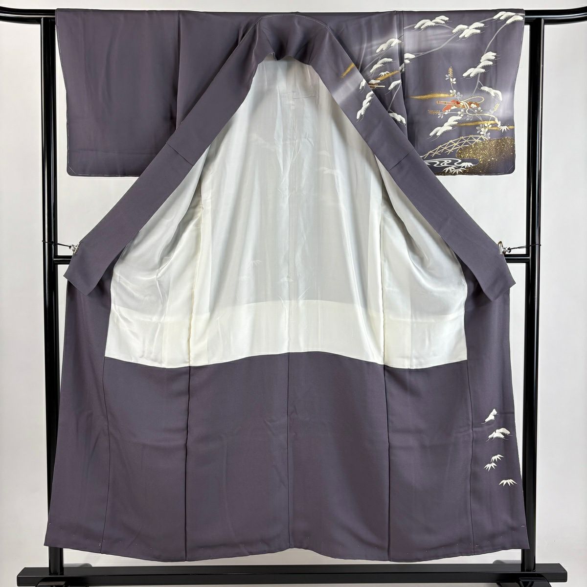 訪問服 身長153.5cm 袖長62cm S 雙層 松樹 笛 金絲 金銀彩 灰紫 純蠶絲 秀品級 一つ紋