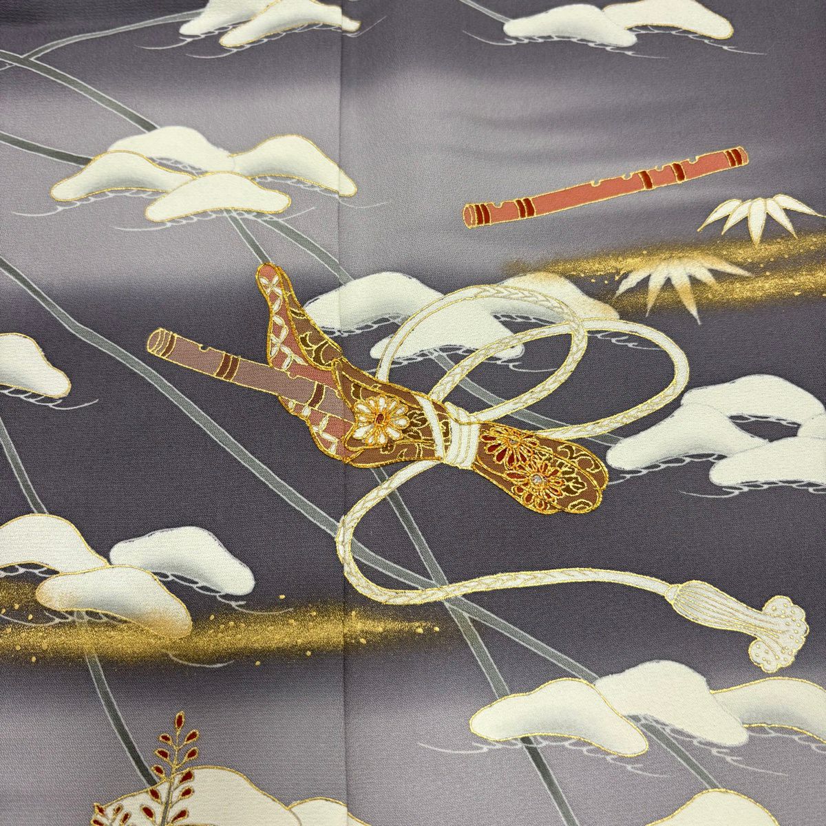 訪問服 身長153.5cm 袖長62cm S 雙層 松樹 笛 金絲 金銀彩 灰紫 純蠶絲 秀品級 一つ紋