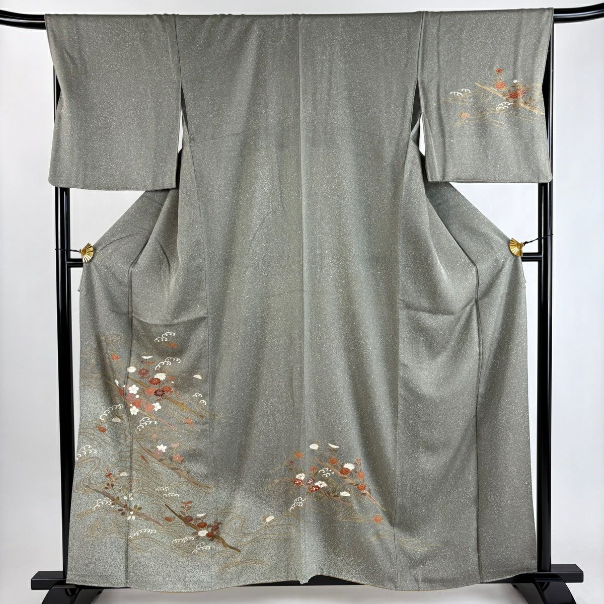 付下 身長159.5cm 袖長68cm L 雙層 花筏 波頭 金銀彩 灰綠 純蠶絲 秀品級