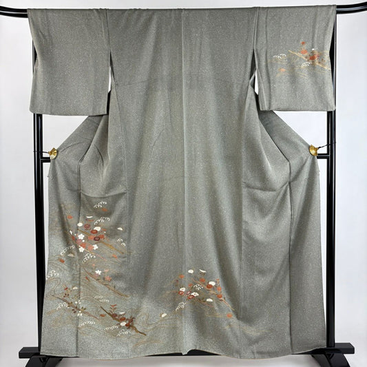 付下 身長159.5cm 袖長68cm L 雙層 花筏 波頭 金銀彩 灰綠 純蠶絲 秀品級