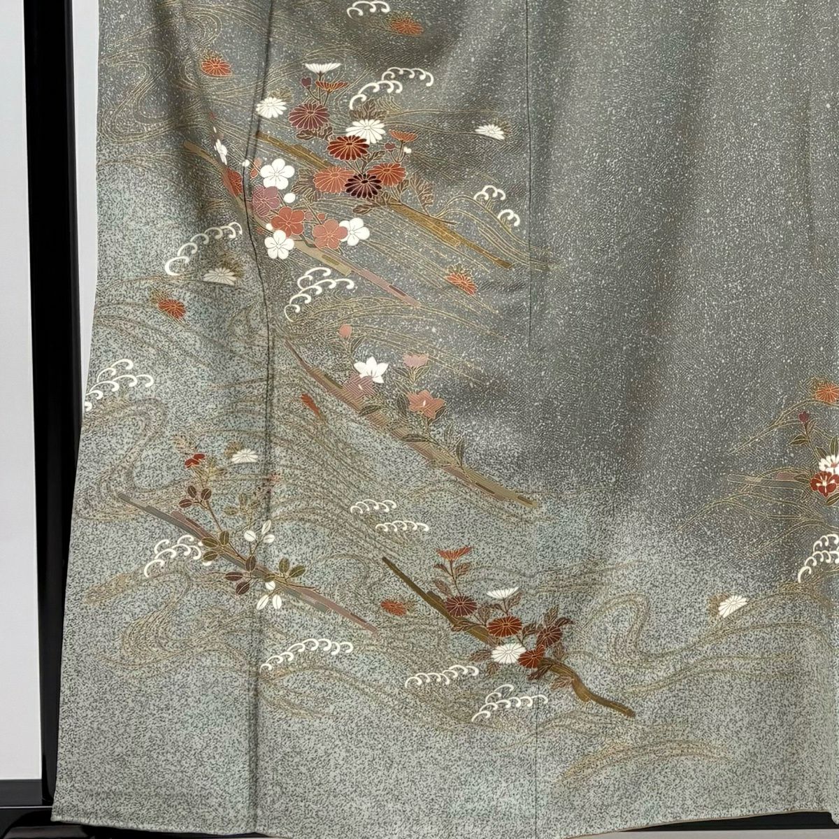付下 身長159.5cm 袖長68cm L 雙層 花筏 波頭 金銀彩 灰綠 純蠶絲 秀品級