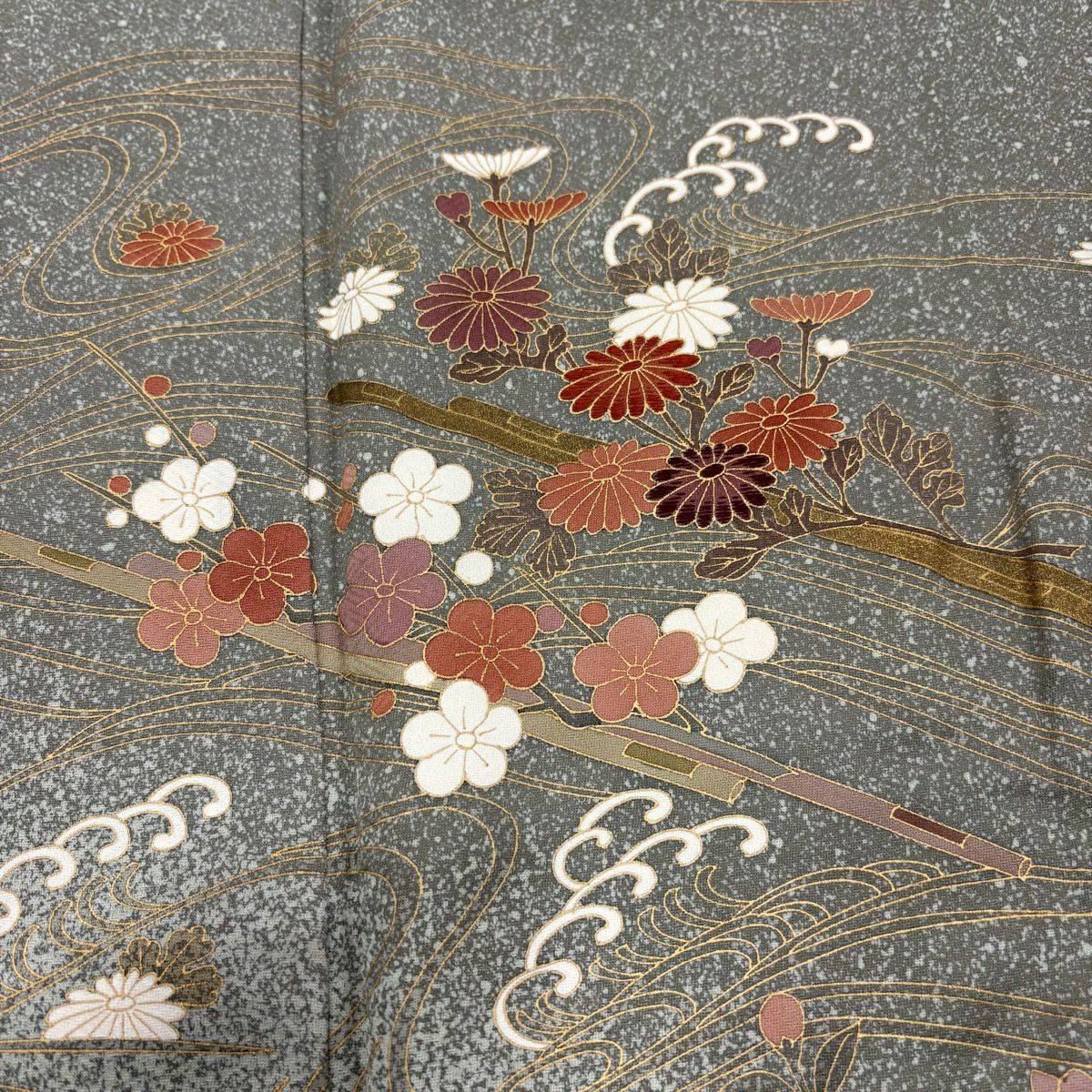 付下 身長159.5cm 袖長68cm L 雙層 花筏 波頭 金銀彩 灰綠 純蠶絲 秀品級