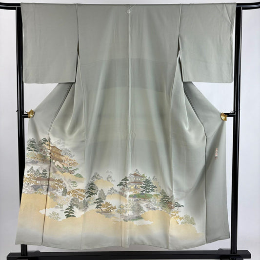 色留袖禮服 身長152cm 袖長64cm M 雙層 瑞聚苑 落款あり 建物 草花紋紋 金金箔 金銀彩 灰綠 純蠶絲 秀品級 一つ紋