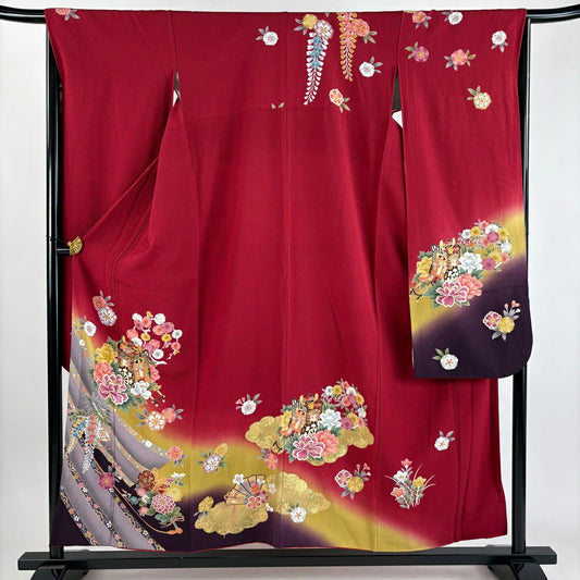 【美品】振袖禮服 身長155cm 袖長65.5cm M 雙層 御所車 花丸紋 金絲 金銀彩 紅 純蠶絲 秀品級