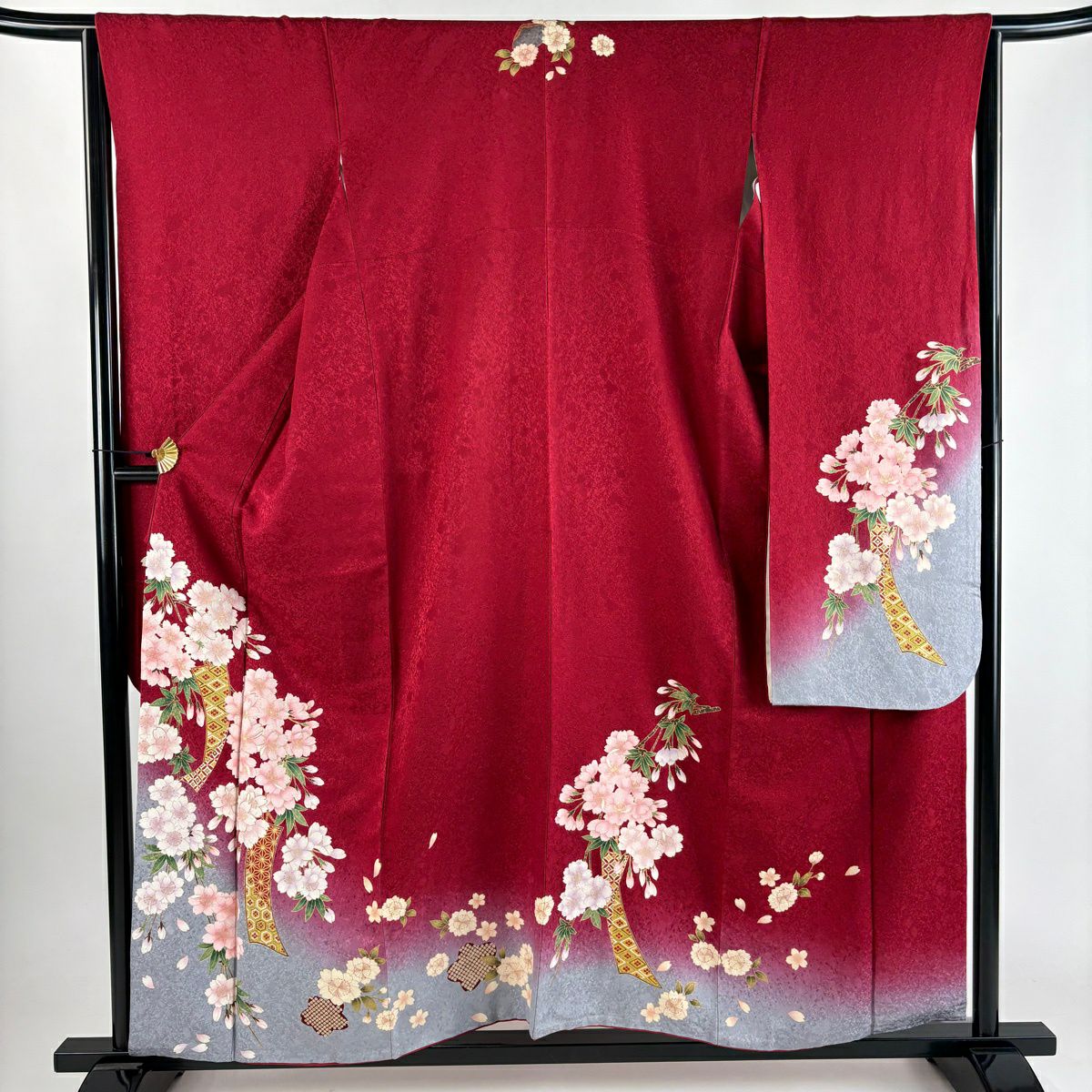 振袖禮服 身長158cm 袖長65cm M 雙層 櫻花 短冊 金彩裝飾 染分 紅 純蠶絲 秀品級