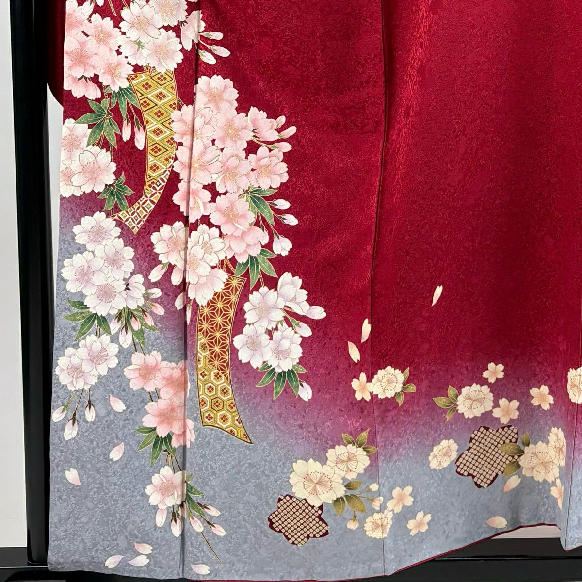 振袖禮服 身長158cm 袖長65cm M 雙層 櫻花 短冊 金彩裝飾 染分 紅 純蠶絲 秀品級