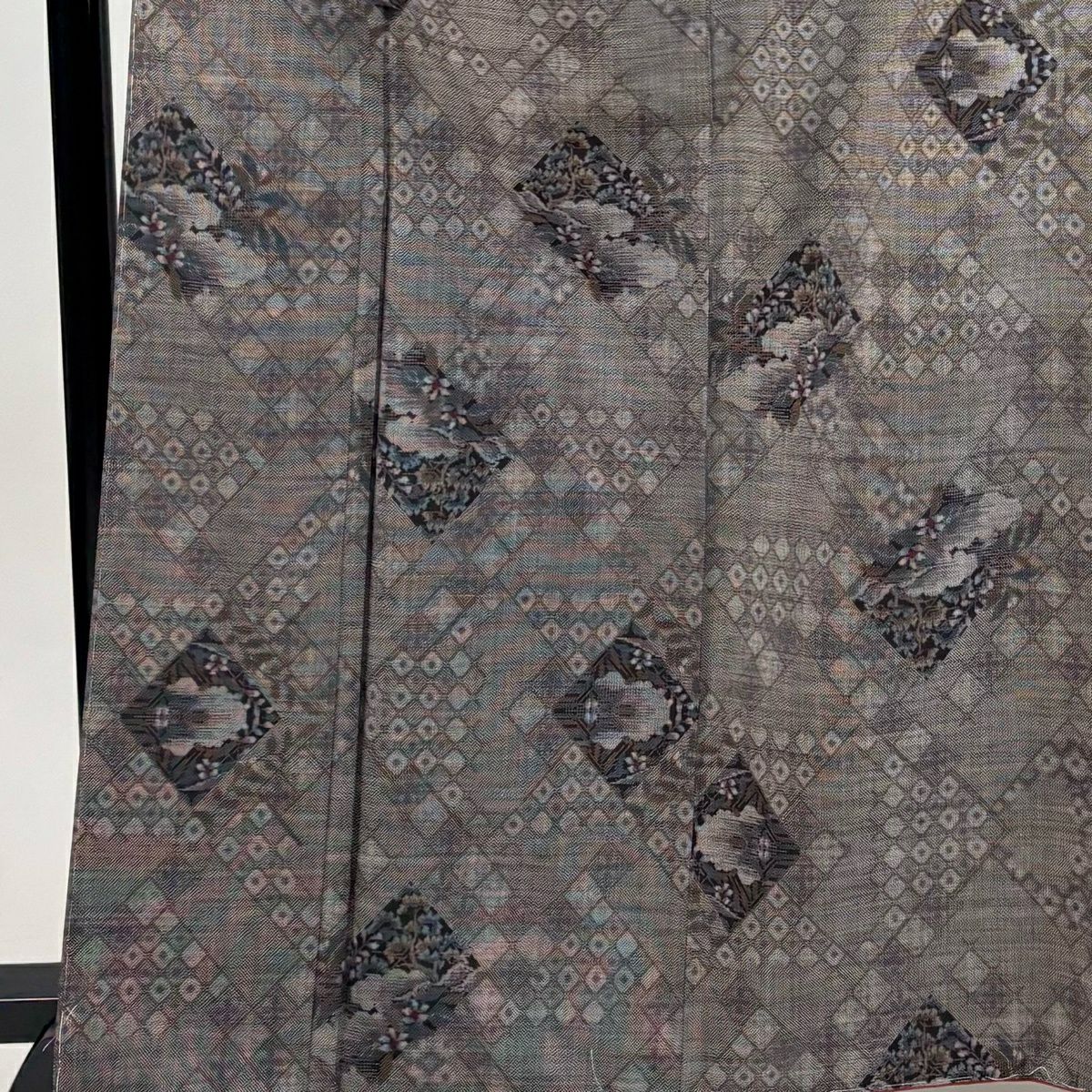 紬織 身長167.5cm 袖長67.5cm L 雙層 草花紋紋 灰紫 純蠶絲 秀品級