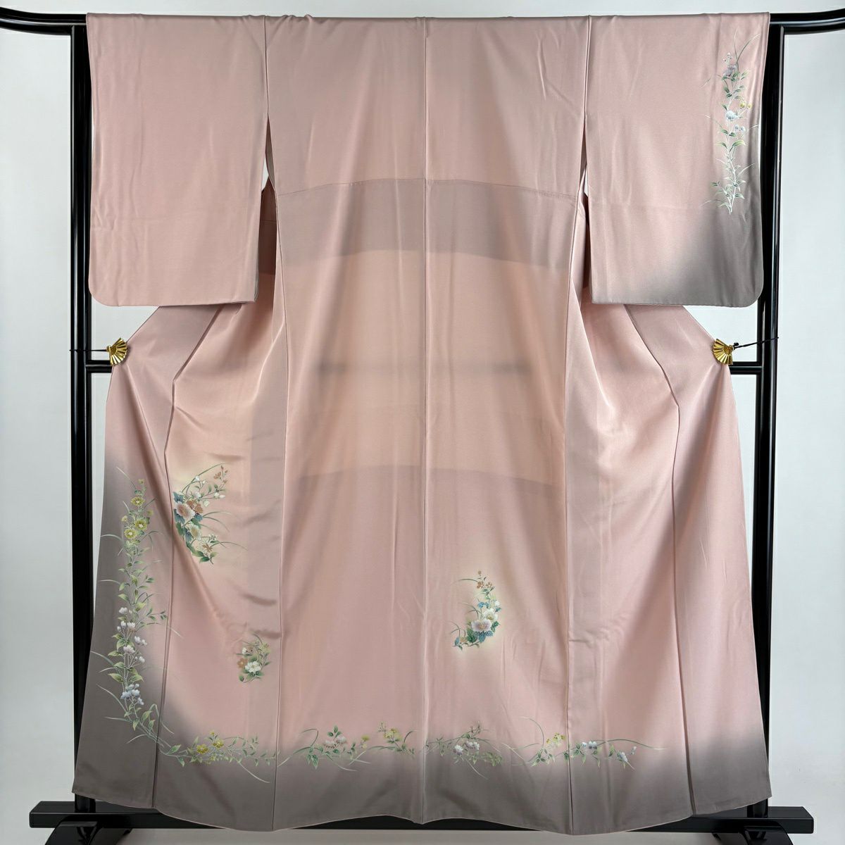 【美品】 付下 身長158.5cm 袖長65.5cm M 雙層 草花紋紋 金銀彩 染分 粉紅 純蠶絲 優品級