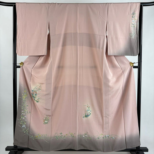 【美品】 付下 身長158.5cm 袖長65.5cm M 雙層 草花紋紋 金銀彩 染分 粉紅 純蠶絲 優品級