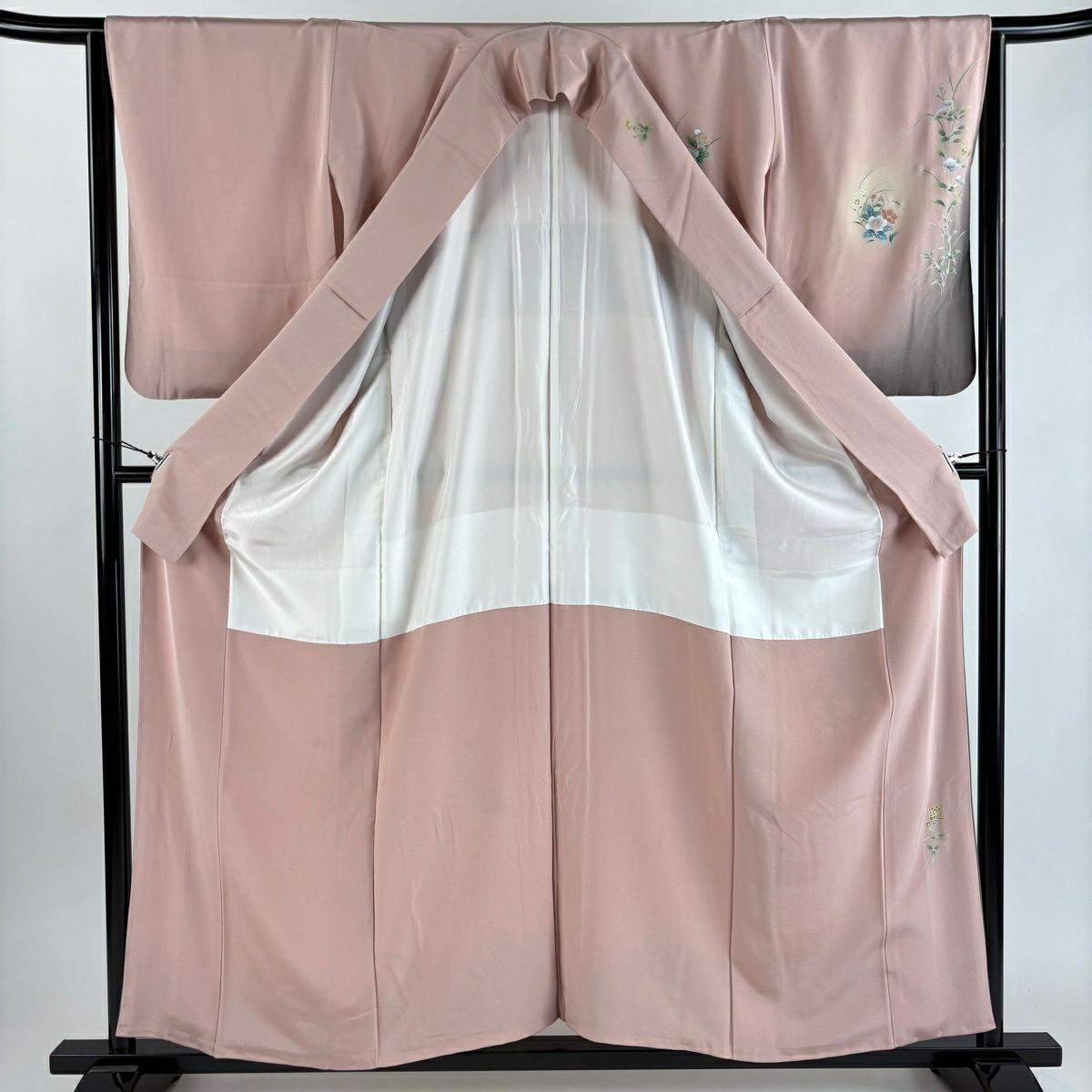 【美品】 付下 身長158.5cm 袖長65.5cm M 雙層 草花紋紋 金銀彩 染分 粉紅 純蠶絲 優品級