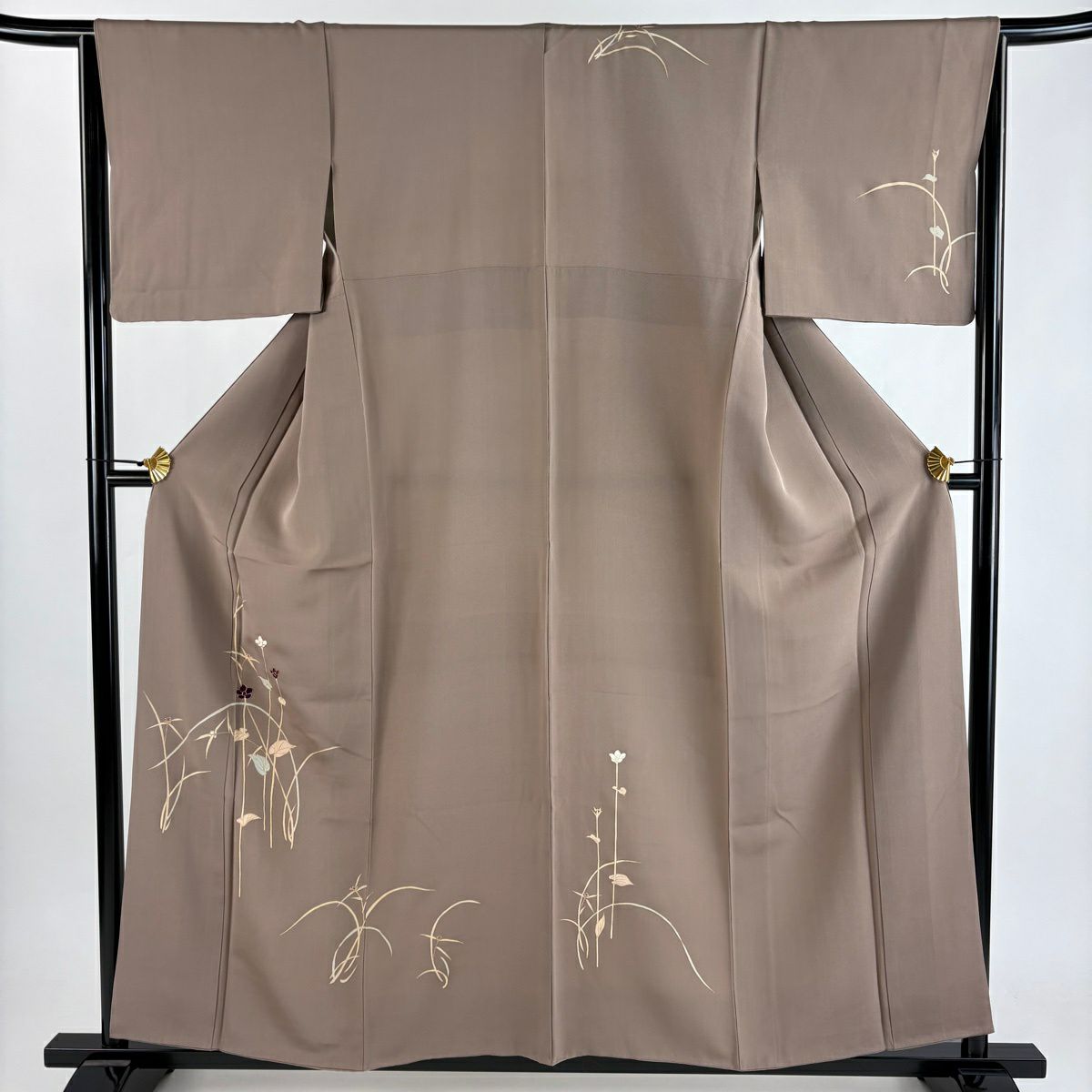 付下 身長157cm 袖長66cm M 雙層 草花紋紋 金糸刺繡 淺茶 純蠶絲 優品級