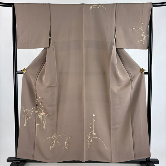 付下 身長157cm 袖長66cm M 雙層 草花紋紋 金糸刺繡 淺茶 純蠶絲 優品級