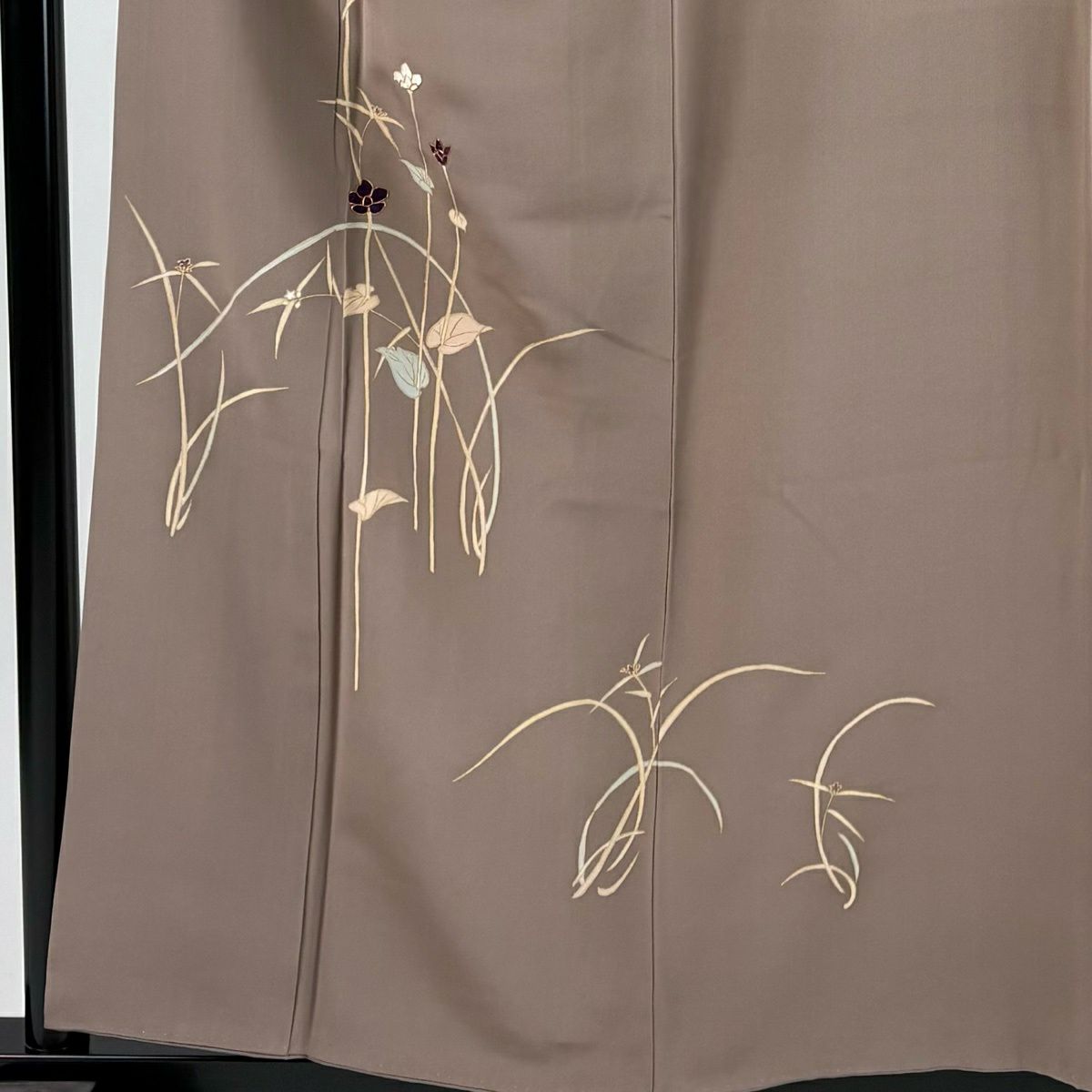 付下 身長157cm 袖長66cm M 雙層 草花紋紋 金糸刺繡 淺茶 純蠶絲 優品級