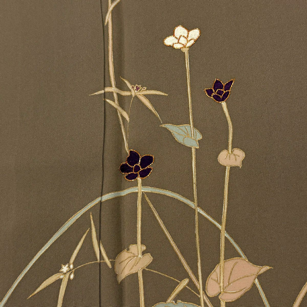 付下 身長157cm 袖長66cm M 雙層 草花紋紋 金糸刺繡 淺茶 純蠶絲 優品級
