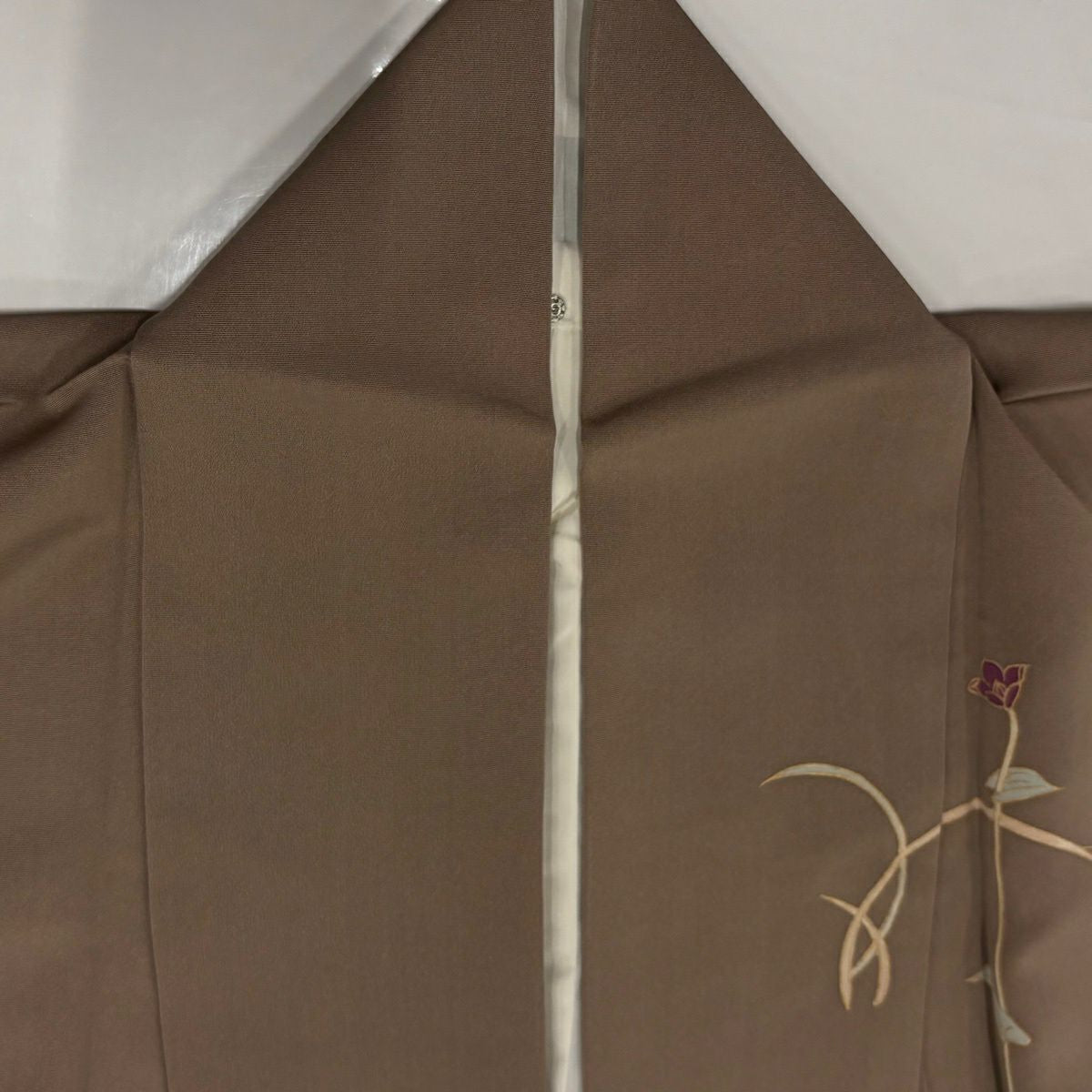 付下 身長157cm 袖長66cm M 雙層 草花紋紋 金糸刺繡 淺茶 純蠶絲 優品級