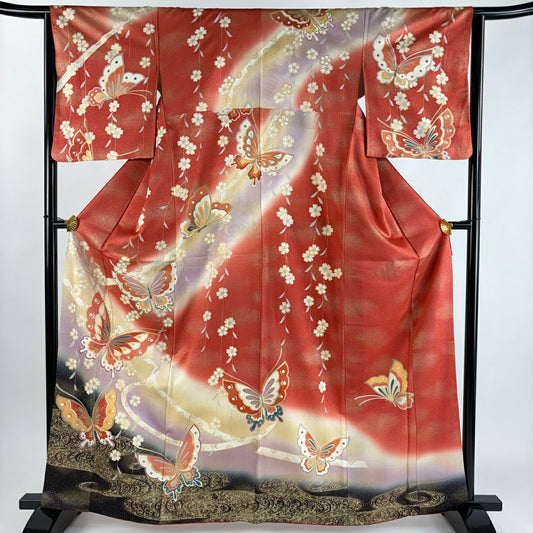 訪問服 身長163.5cm 袖長64cm M 雙層 蝶 櫻花 金彩裝飾 紅 純蠶絲 秀品級
