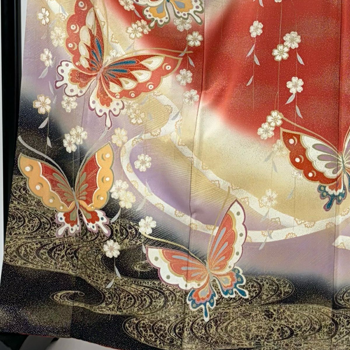 訪問服 身長163.5cm 袖長64cm M 雙層 蝶 櫻花 金彩裝飾 紅 純蠶絲 秀品級