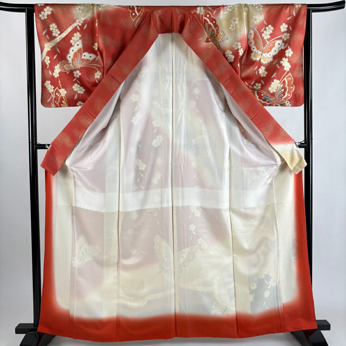 訪問服 身長163.5cm 袖長64cm M 雙層 蝶 櫻花 金彩裝飾 紅 純蠶絲 秀品級