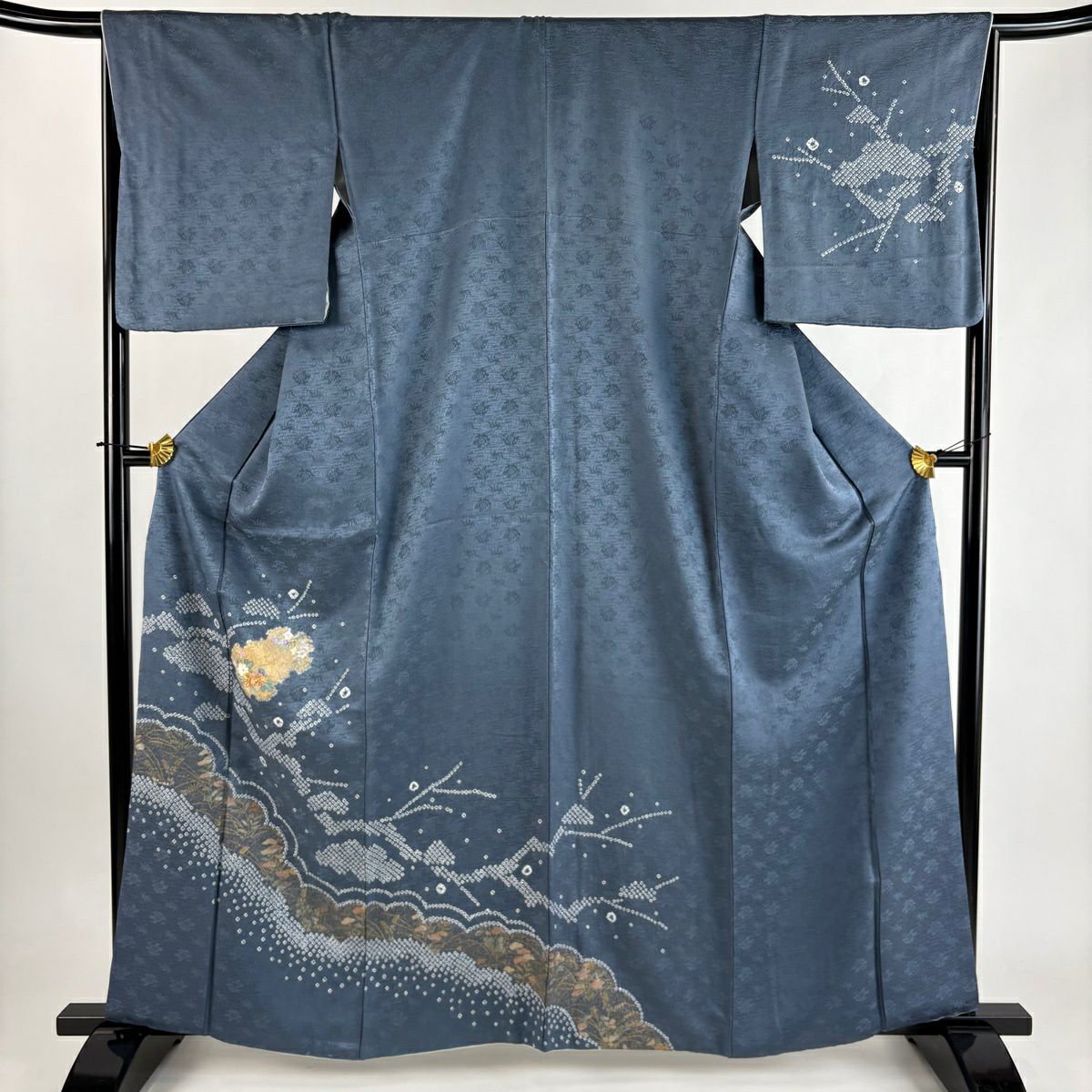 付下 身長163.5cm 袖長66.5cm M 雙層 草花紋紋 絞染 金銀彩 青灰 純蠶絲 優品級