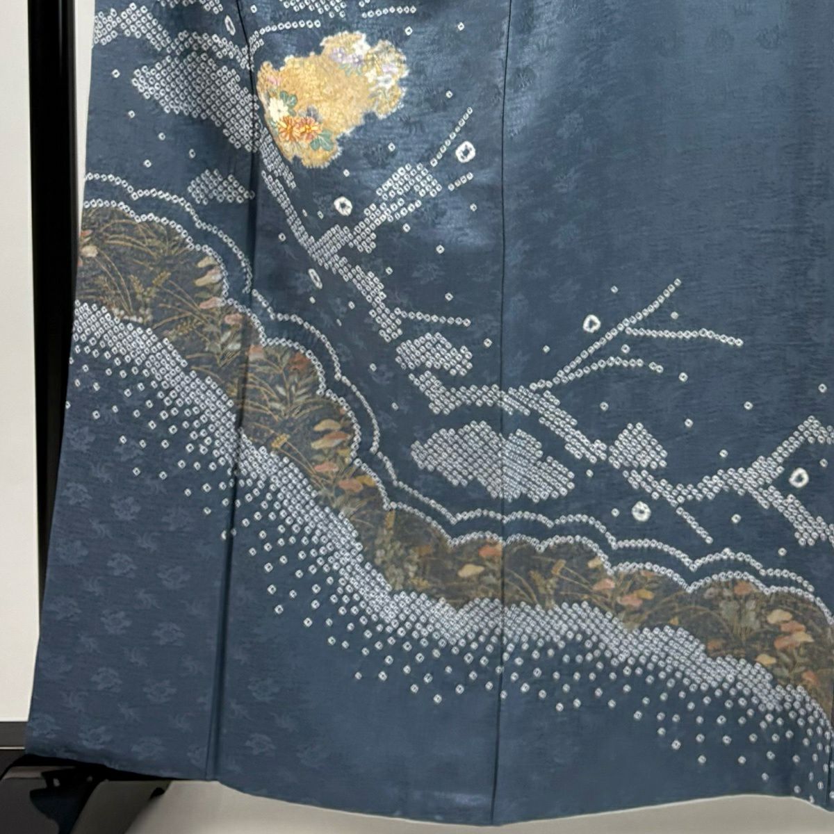 付下 身長163.5cm 袖長66.5cm M 雙層 草花紋紋 絞染 金銀彩 青灰 純蠶絲 優品級