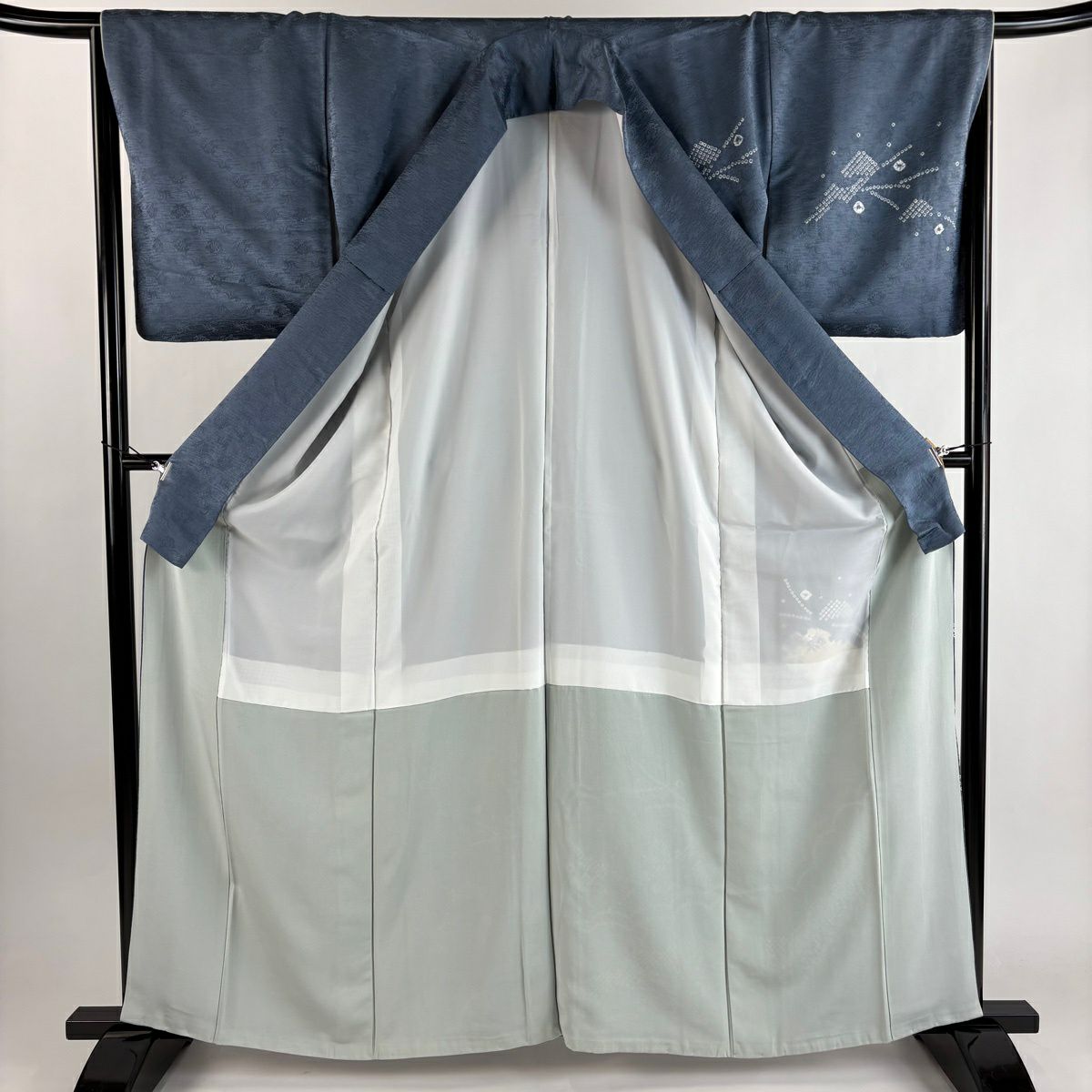 付下 身長163.5cm 袖長66.5cm M 雙層 草花紋紋 絞染 金銀彩 青灰 純蠶絲 優品級