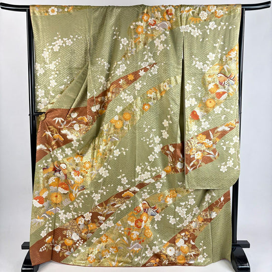 振袖禮服 身長170.5cm 袖長70cm L 雙層 鴛鴦 菊花 金絲 金銀彩 抹茶 純蠶絲 秀品級