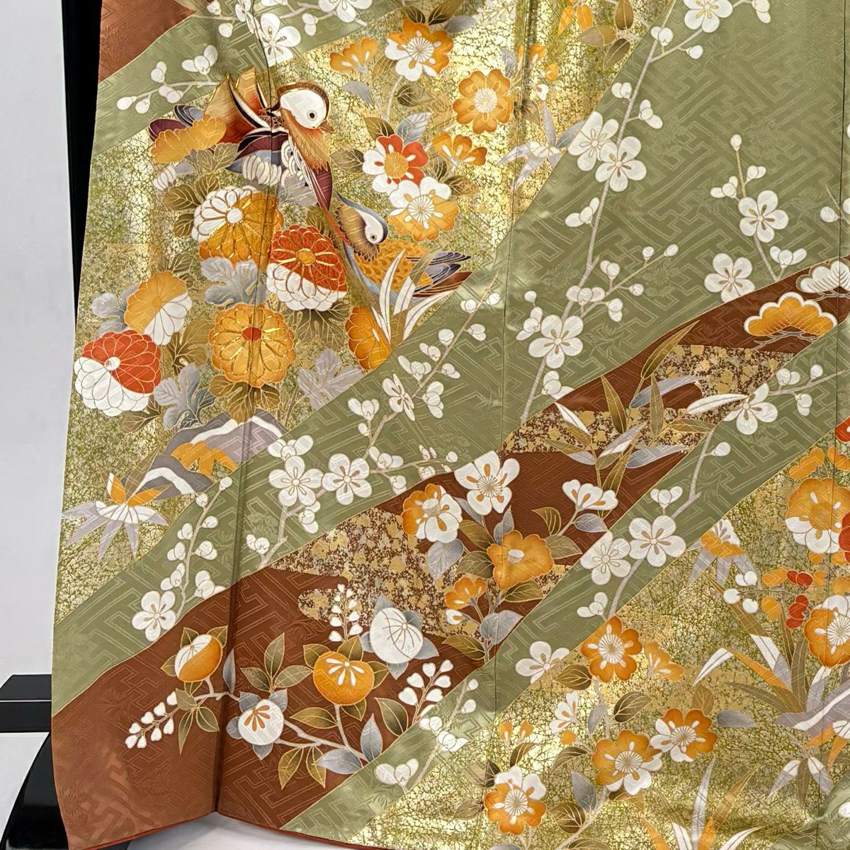 振袖禮服 身長170.5cm 袖長70cm L 雙層 鴛鴦 菊花 金絲 金銀彩 抹茶 純蠶絲 秀品級