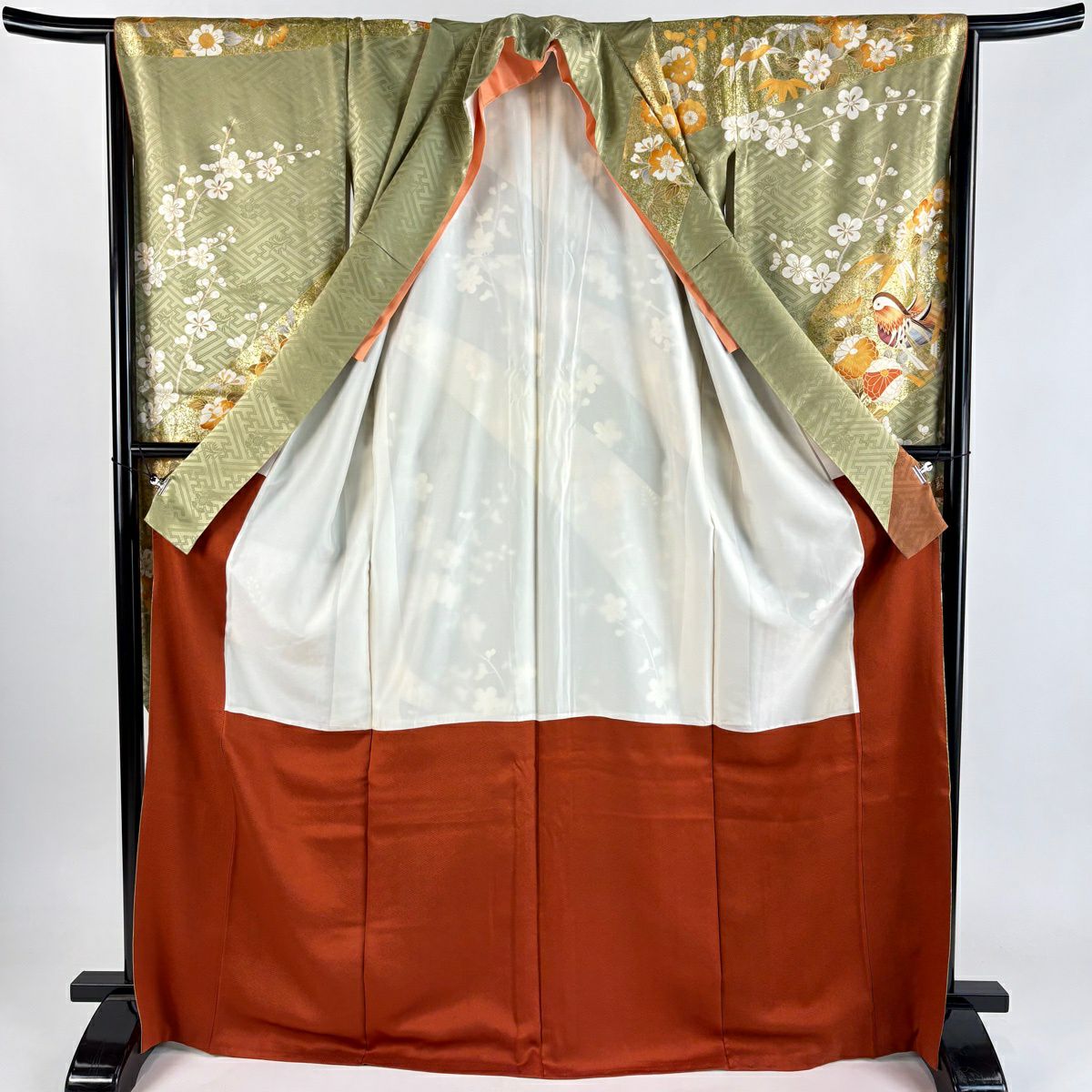 振袖禮服 身長170.5cm 袖長70cm L 雙層 鴛鴦 菊花 金絲 金銀彩 抹茶 純蠶絲 秀品級