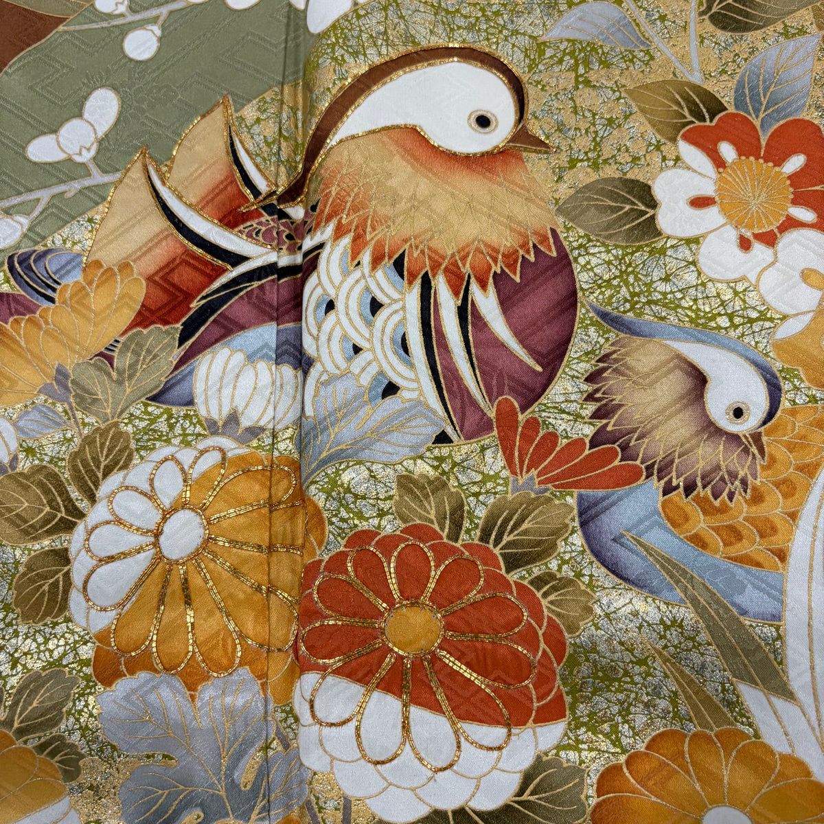 振袖禮服 身長170.5cm 袖長70cm L 雙層 鴛鴦 菊花 金絲 金銀彩 抹茶 純蠶絲 秀品級