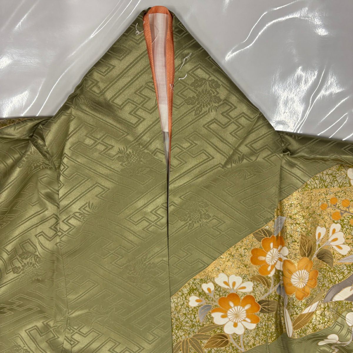 振袖禮服 身長170.5cm 袖長70cm L 雙層 鴛鴦 菊花 金絲 金銀彩 抹茶 純蠶絲 秀品級