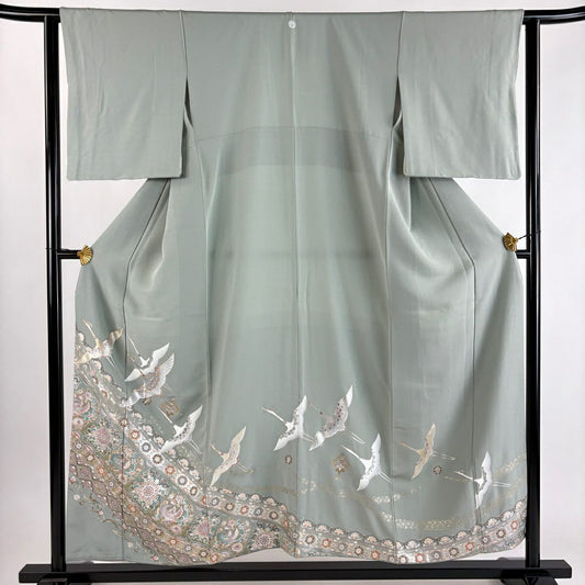 【美品】 留袖禮服禮服 身長155cm 袖長63cm S 雙層 仙鶴 華紋 金銀彩 灰綠 純蠶絲 秀品級 一つ紋