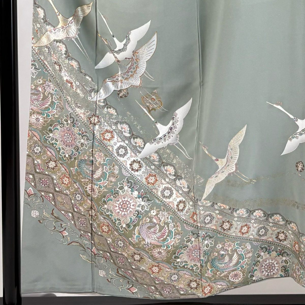 【美品】 留袖禮服禮服 身長155cm 袖長63cm S 雙層 仙鶴 華紋 金銀彩 灰綠 純蠶絲 秀品級 一つ紋