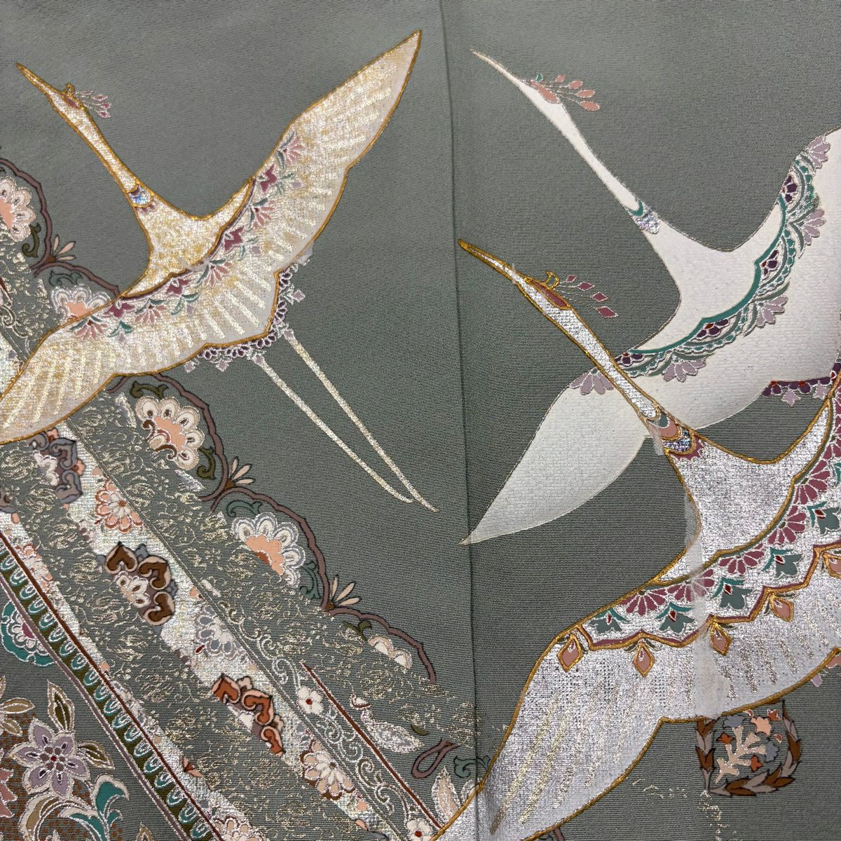 【美品】 留袖禮服禮服 身長155cm 袖長63cm S 雙層 仙鶴 華紋 金銀彩 灰綠 純蠶絲 秀品級 一つ紋