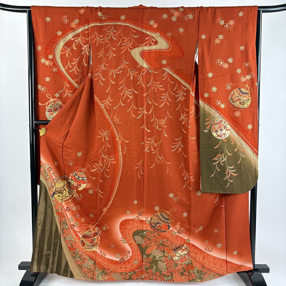 振袖禮服 身長163cm 袖長65cm M 雙層 くす玉 草花紋 金絲 金銀彩 紅茶 純蠶絲 優品級