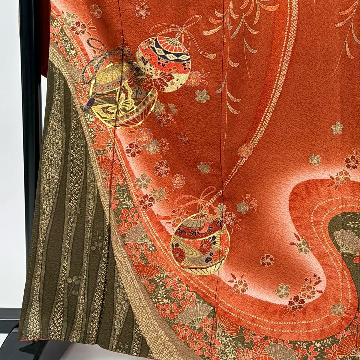 振袖禮服 身長163cm 袖長65cm M 雙層 くす玉 草花紋 金絲 金銀彩 紅茶 純蠶絲 優品級