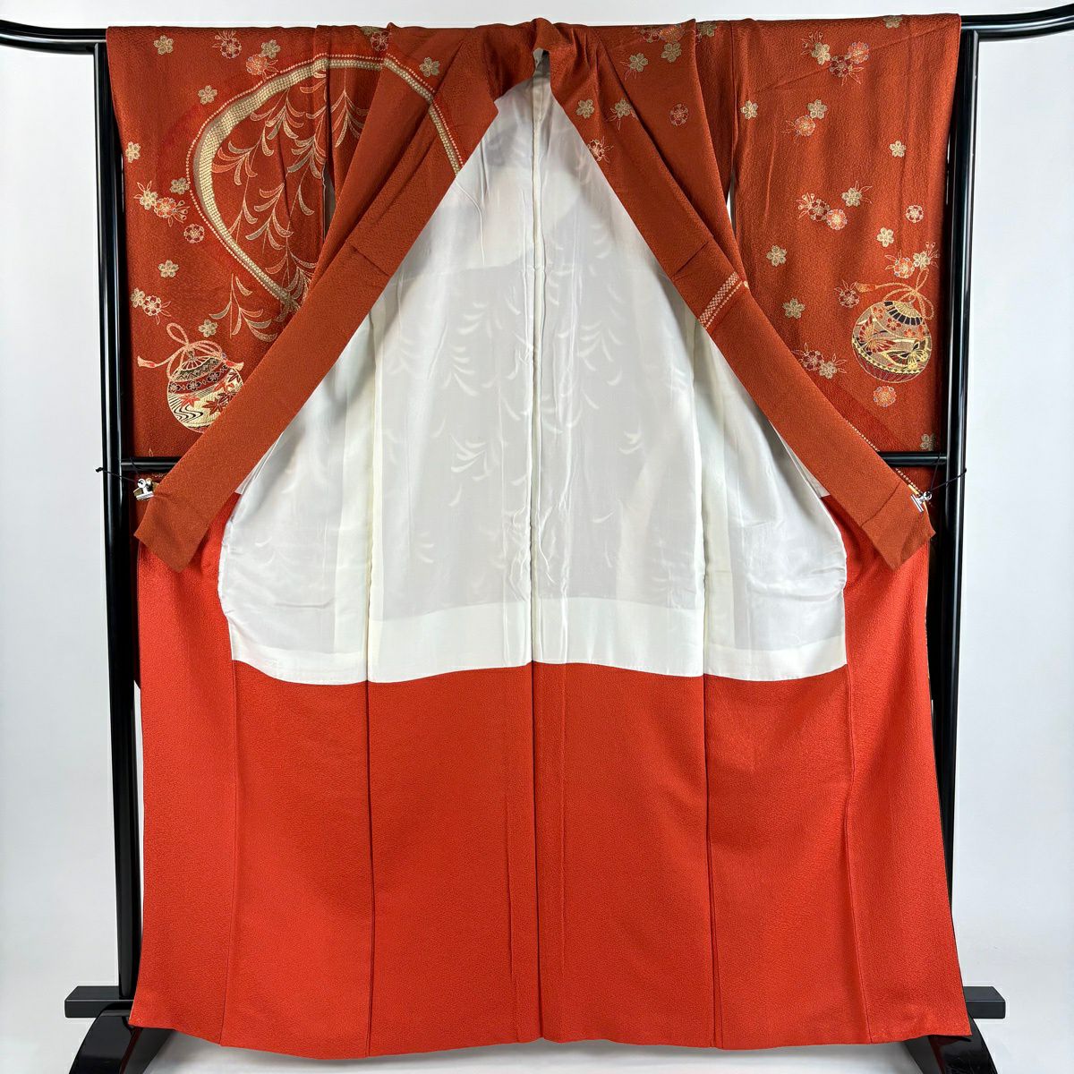 振袖禮服 身長163cm 袖長65cm M 雙層 くす玉 草花紋 金絲 金銀彩 紅茶 純蠶絲 優品級