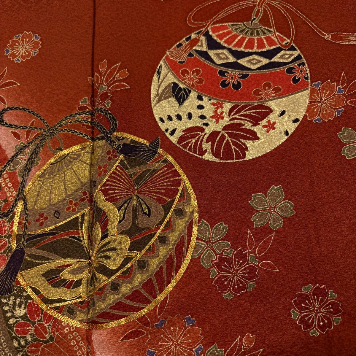 振袖禮服 身長163cm 袖長65cm M 雙層 くす玉 草花紋 金絲 金銀彩 紅茶 純蠶絲 優品級