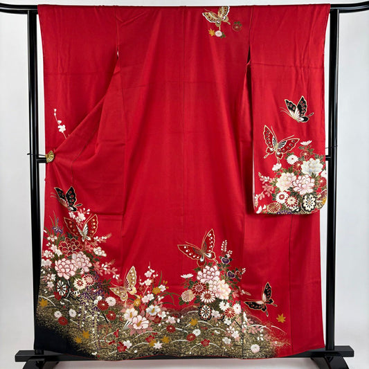 【美品】振袖禮服 身長159cm 袖長63cm S 雙層 蝶 花車 金絲 金銀彩 紅 純蠶絲 秀品級