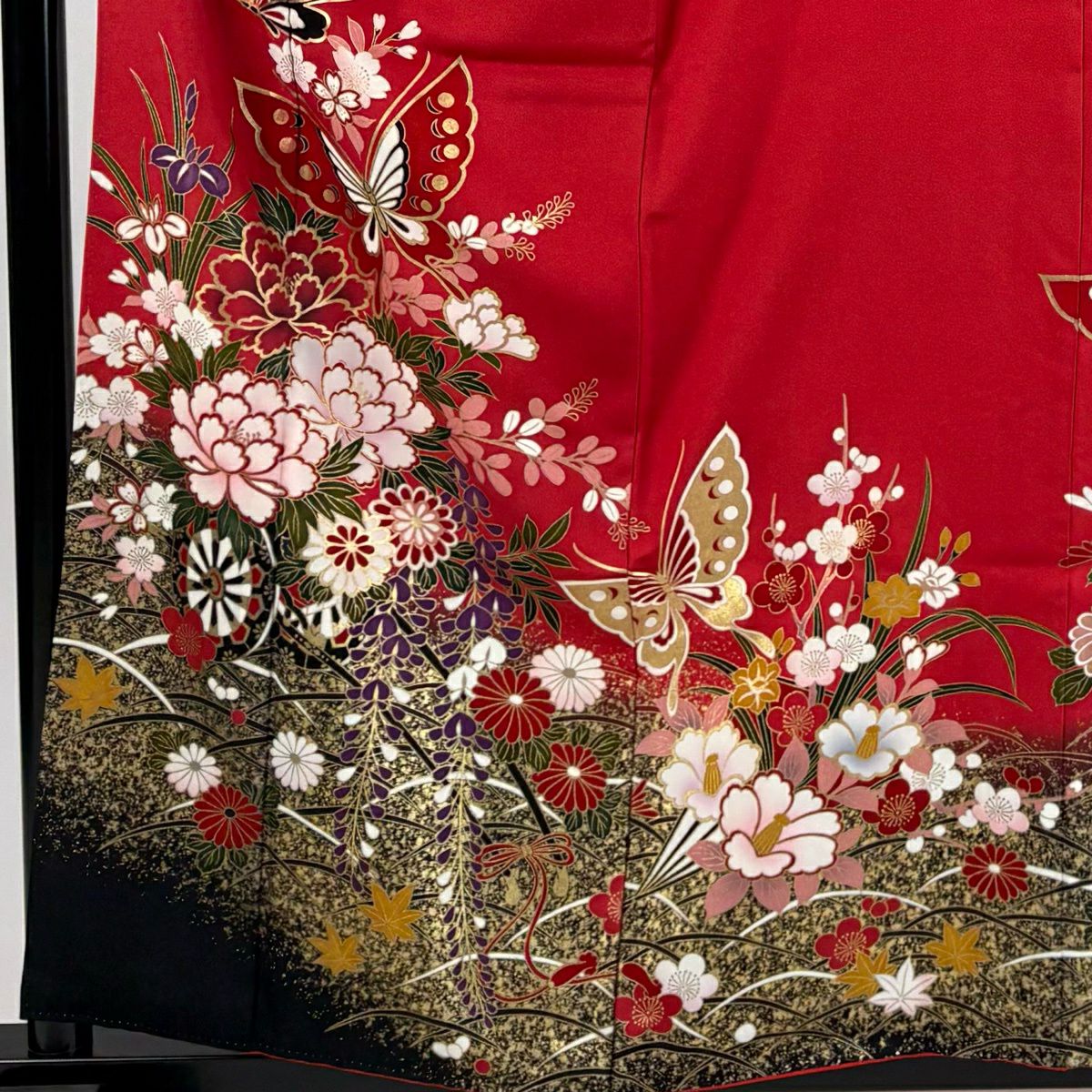 【美品】振袖禮服 身長159cm 袖長63cm S 雙層 蝶 花車 金絲 金銀彩 紅 純蠶絲 秀品級