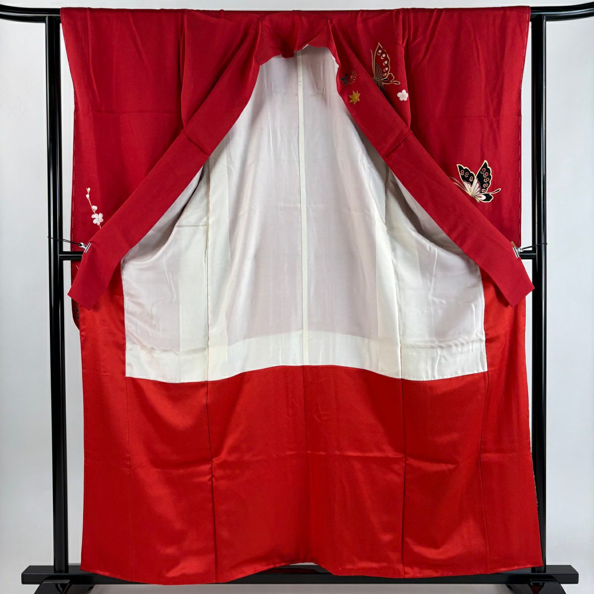 【美品】振袖禮服 身長159cm 袖長63cm S 雙層 蝶 花車 金絲 金銀彩 紅 純蠶絲 秀品級