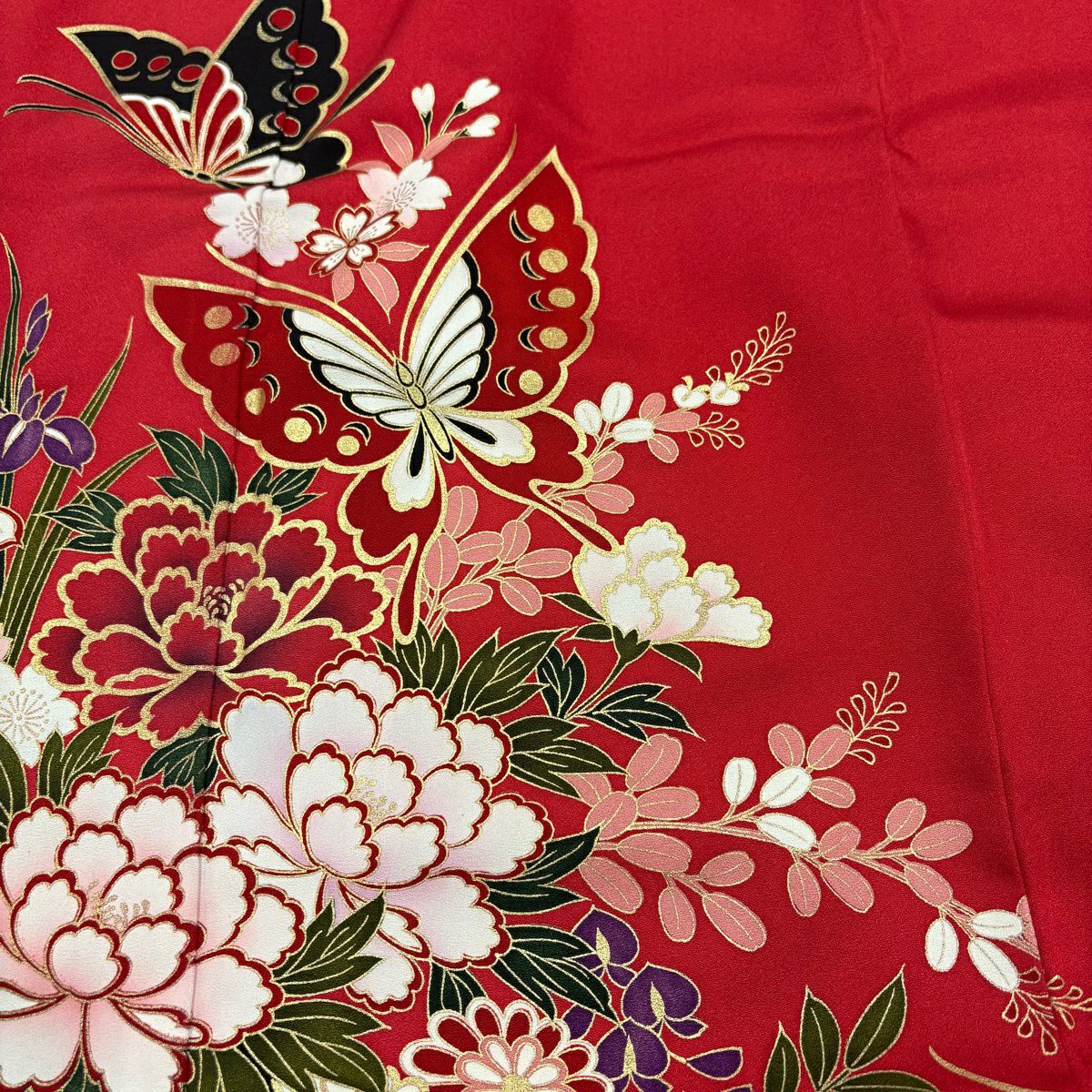 【美品】振袖禮服 身長159cm 袖長63cm S 雙層 蝶 花車 金絲 金銀彩 紅 純蠶絲 秀品級