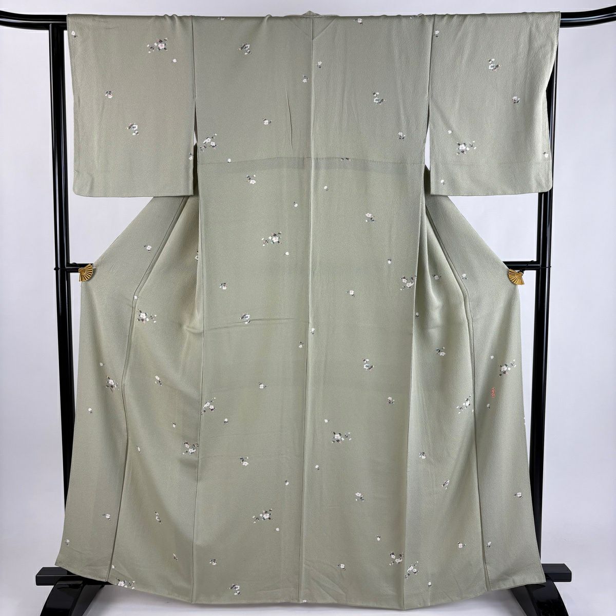【美品】 小紋 身長164.5cm 袖長64cm M 雙層 落款あり 草花紋紋 薄綠 純蠶絲 秀品級