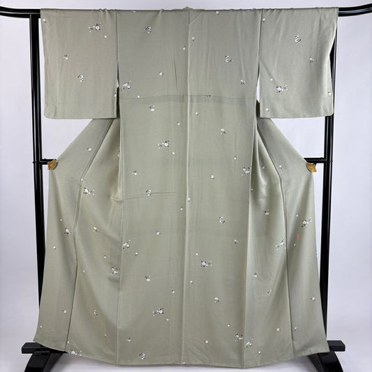 【美品】 小紋 身長164.5cm 袖長64cm M 雙層 落款あり 草花紋紋 薄綠 純蠶絲 秀品級