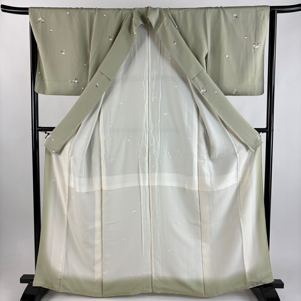 【美品】 小紋 身長164.5cm 袖長64cm M 雙層 落款あり 草花紋紋 薄綠 純蠶絲 秀品級