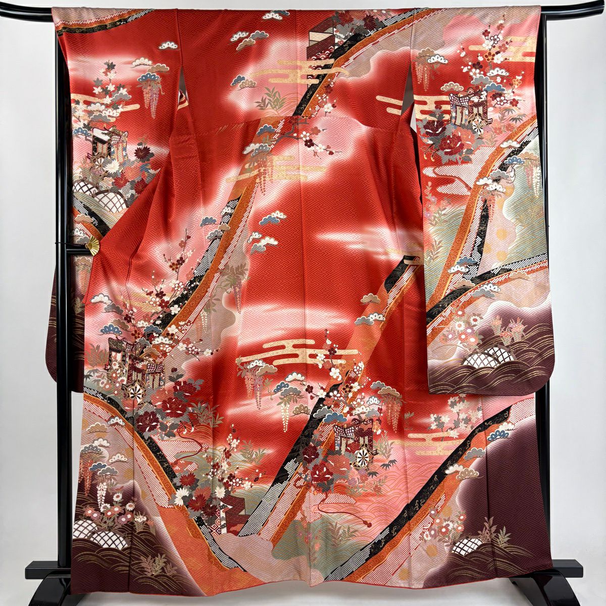 【美品】振袖禮服 身長163cm 袖長66cm M 雙層 御所車 松樹竹子梅花 金絲 金銀彩 紅 純蠶絲 秀品級